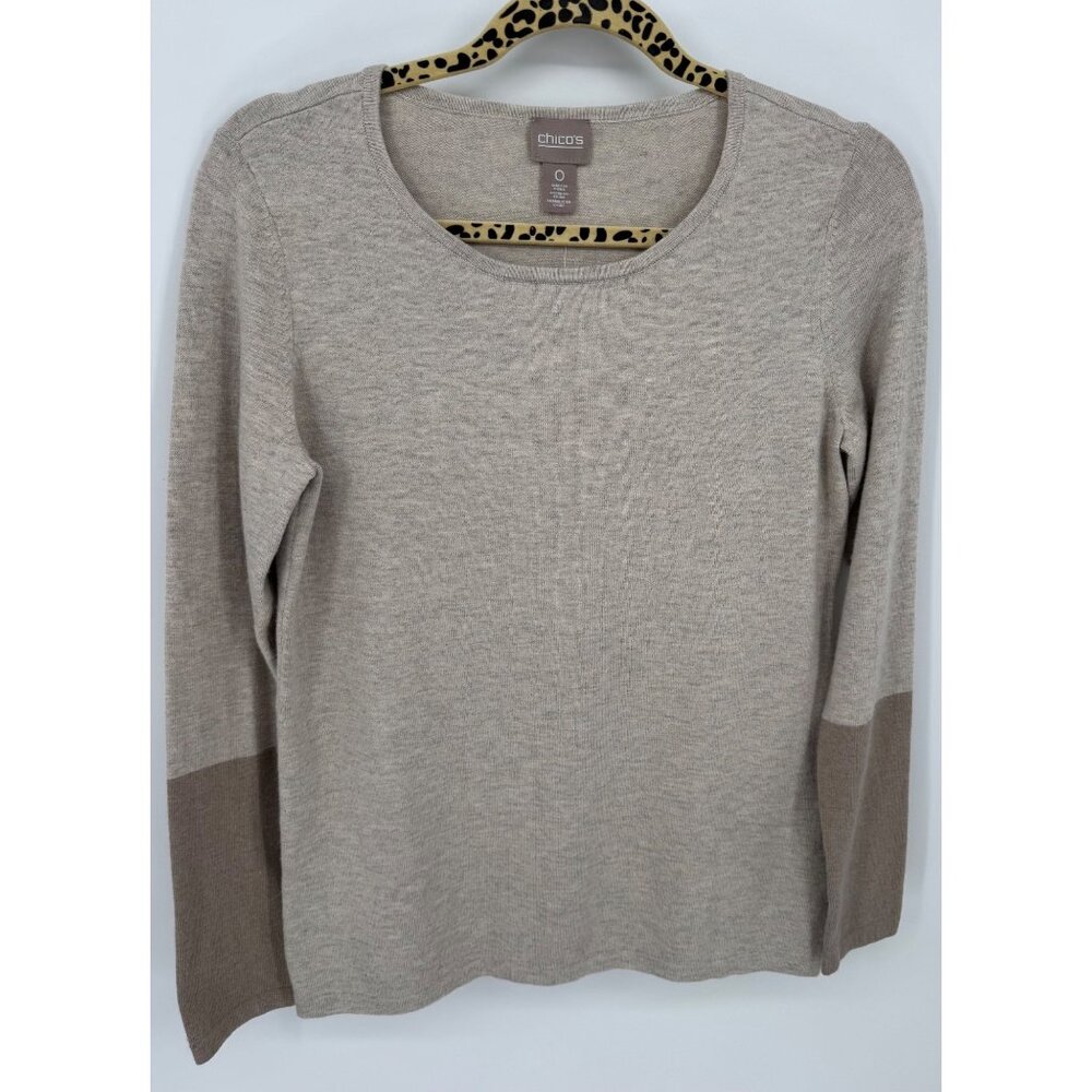 Chicos Womens Beige & Brown Colorblock Long Sleeve Sweater